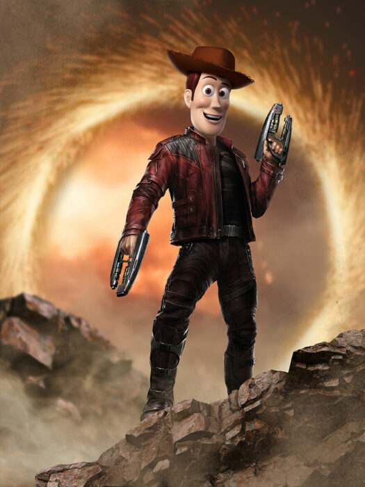 Arte digital de Sandevil mezclando a Woody y Peter Quill