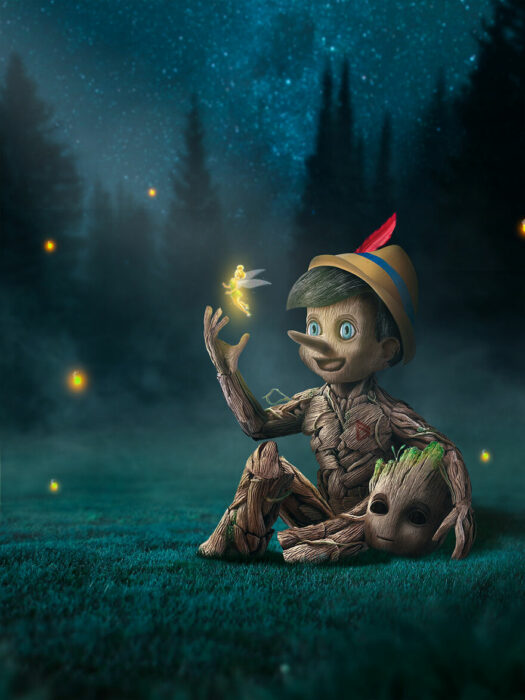 Arte digital de Sandevil mezclando a Pinocho y Groot