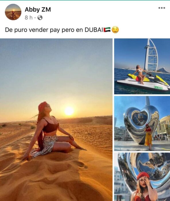 Chica sentada sobre la arena en Dubái; Mexicanos están compartiendo fotos de sus viajes con ingeniosas rimas