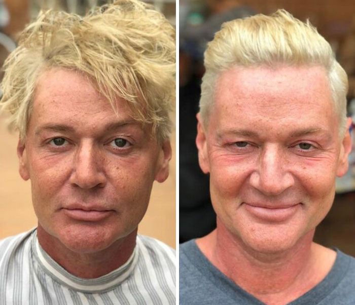 Hombre mostrando su antes y después de un corte de cabello y corte de barba