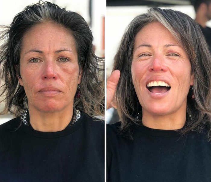 Mujer mostrando el antes y después de recibir un corte de cabello en capas