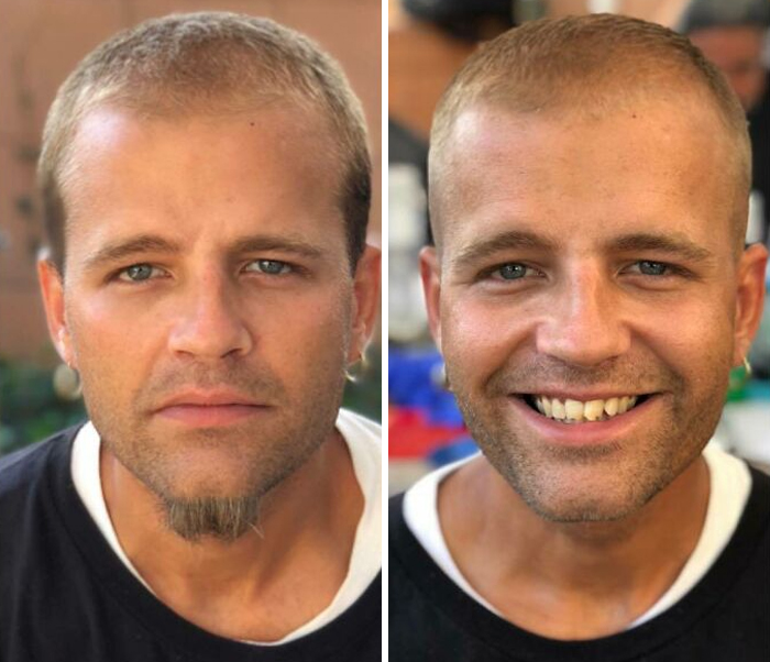 Hombre mostrando su antes y después de un corte de cabello y corte de barba