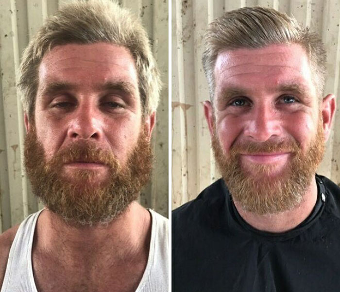 Hombre mostrando su antes y después de un corte de cabello y corte de barba