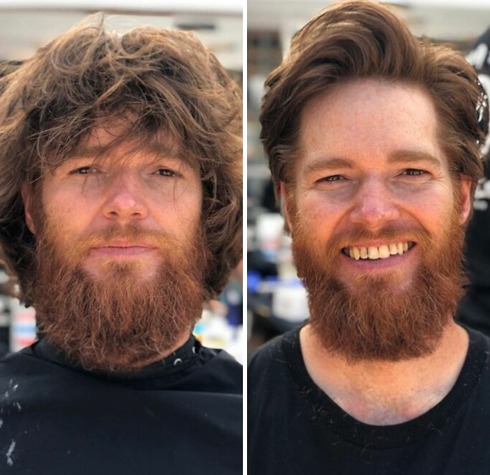 Hombre mostrando su antes y después de un corte de cabello y corte de barba