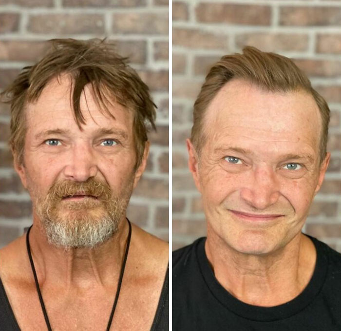 Hombre mostrando su antes y después de un corte de cabello y corte de barba