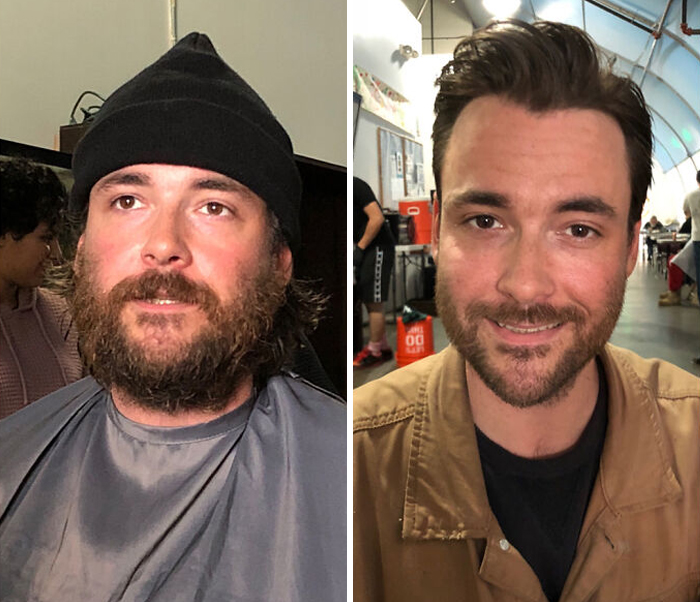 Hombre mostrando su antes y después de un corte de cabello y corte de barba
