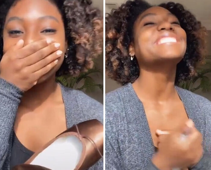 Chica feliz de haber recibido unas zapatillas de color café para bailar ballet
