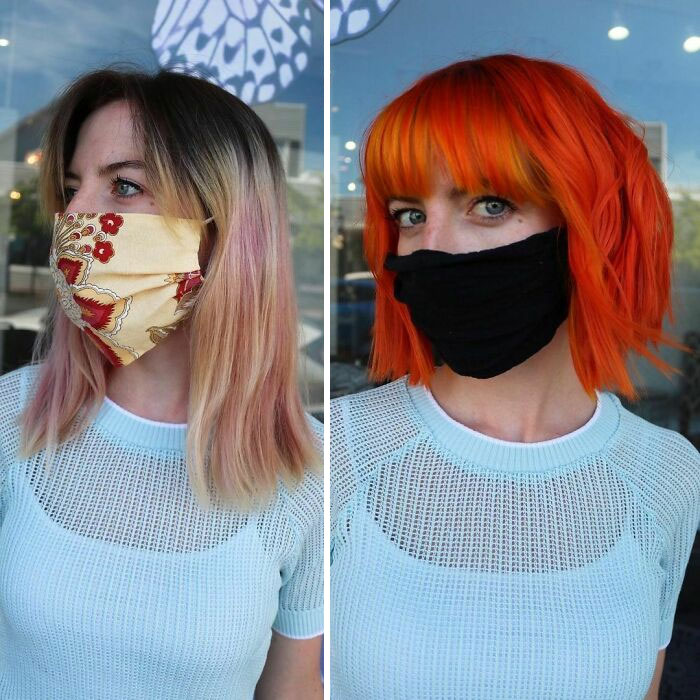 Chica mostrando el antes y después del cambio en su color de cabello por uno en tonos naranjas 