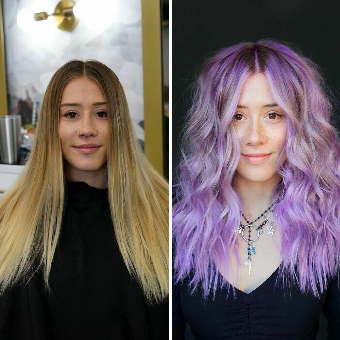 Chica mostrando el antes y después del cambio en su color de cabello por uno en tonos morado con platinado 