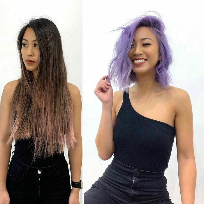 Chica mostrando el antes y después del cambio en su color de cabello por uno en tono morado y rubio 