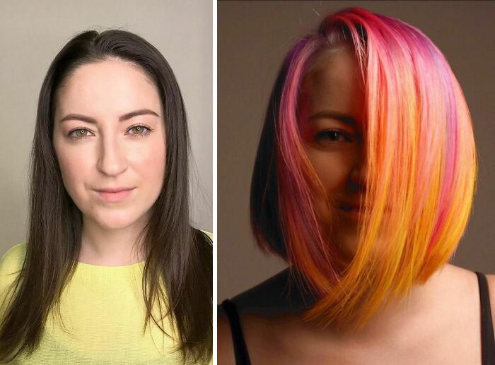 Chica mostrando el antes y después del cambio en su color de cabello por uno en tonos fantasía como un atardecer 