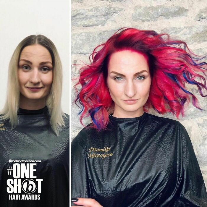 Chica mostrando el antes y después del cambio en su color de cabello por uno en tonos rojos con negro y azul
