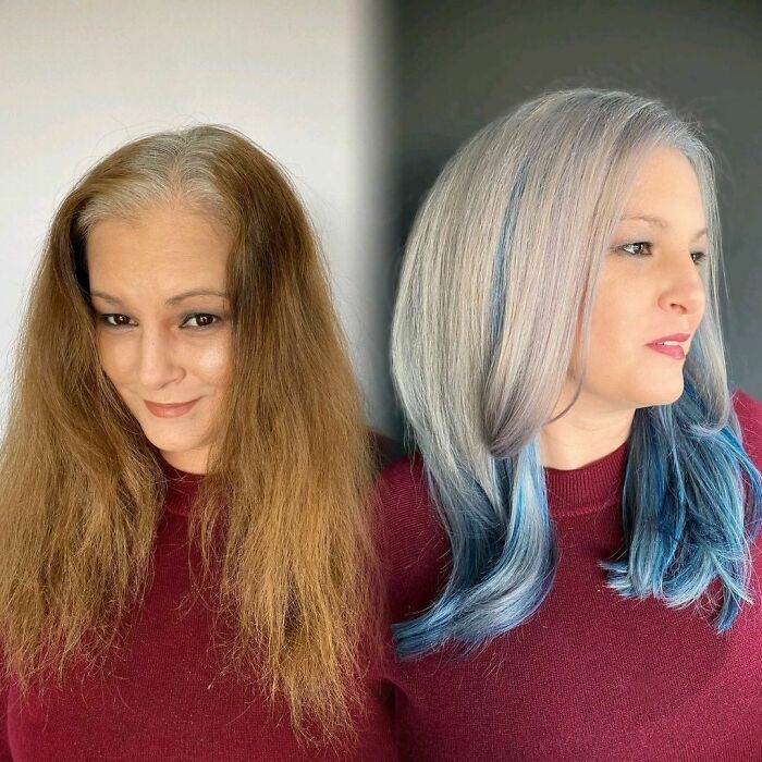 Chica mostrando el antes y después del cambio en su color de cabello por uno en tono rubio y azul 