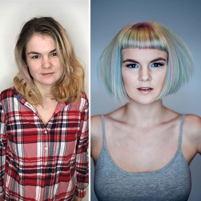Chica mostrando el antes y después del cambio en su color de cabello por uno en tonos rosa, azul y verde
