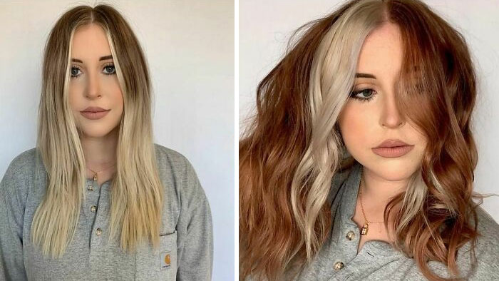 Chica mostrando el antes y después del cambio en su color de cabello por uno en tonos dorado y pelirrojo