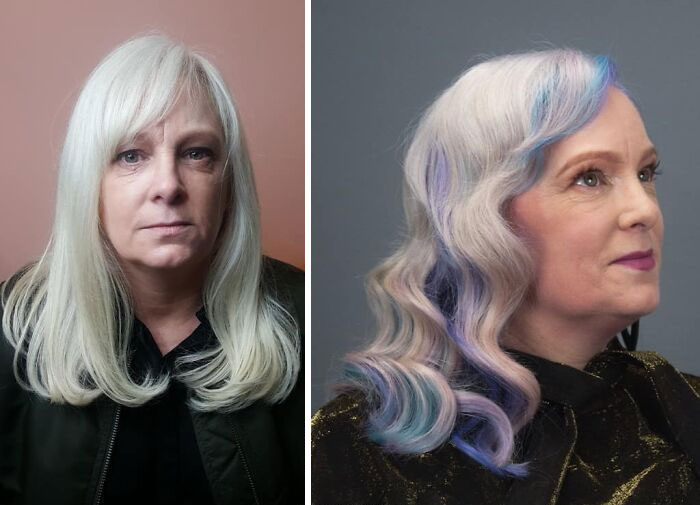 Chica mostrando el antes y después del cambio en su color de cabello por uno en tonos azul con morado y rosa 