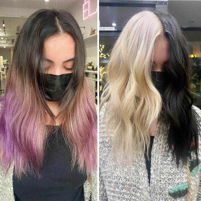 Chica mostrando el antes y después del cambio en su color de cabello por uno en tonos rubio y negro
