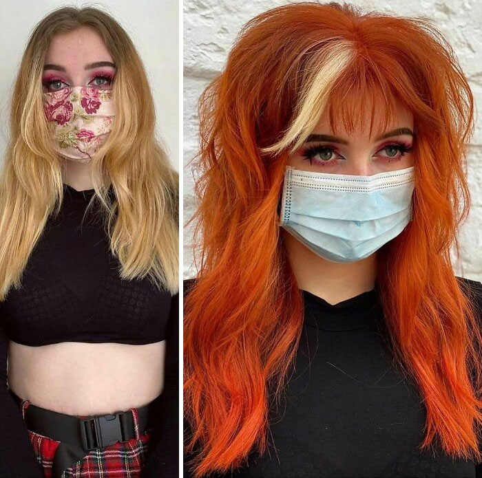 Chica mostrando el antes y después del cambio en su color de cabello por uno en tono naranja con un mechón de color rubio en el flequillo 
