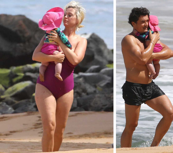 A la izquierda, Katy sostiene a su bebé; a la derecha, Orlando también lleva a su hija, en una playa de Hawái