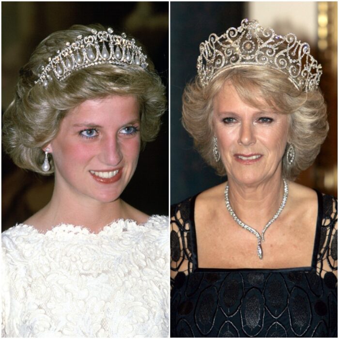 Comparación de Camilla Parker y Lady Di usando tiaras grandes y con perlas