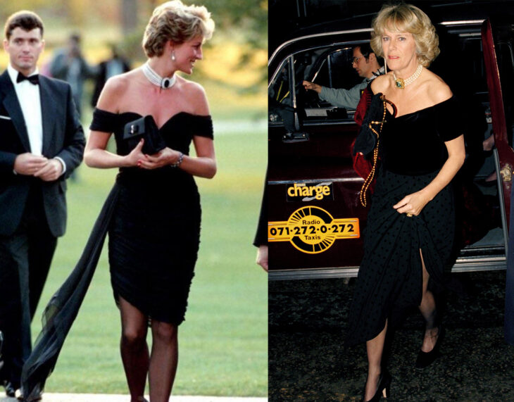 Comparación de Camilla Parker y Lady Di usando un vestido similar en color negro con hombros descubiertos