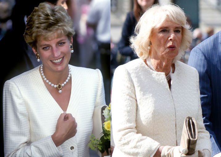 Comparación de Camilla Parker y Lady Di usando un atuendo de color blanco con perlas
