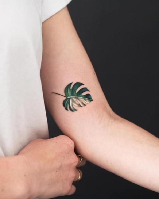 Tatuaje de flores en el brazo de la hoja de una planta