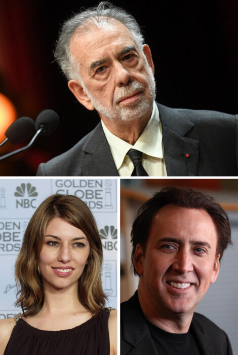 En la parte superior Francis Coppola, en la parte inferior izquierda Sofía Coppola y del lado inferior derecho Nicolas Cage