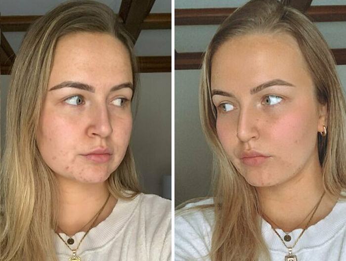 Antes y después con filtros de chica rubia con cabello largo lacio