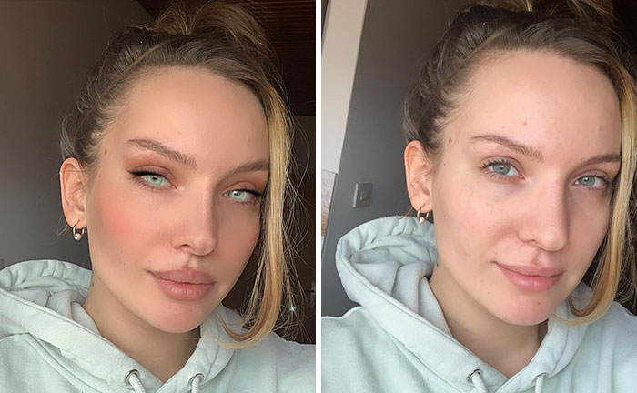 Antes y después de chica rubia usando filtros con coleta alta y sudadera blanca con capucha