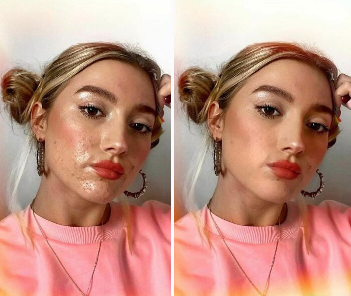 Antes y después del usar filtro de chica rubia con cabello sujetado en dos chonguitos vistiendo sudadera rosa