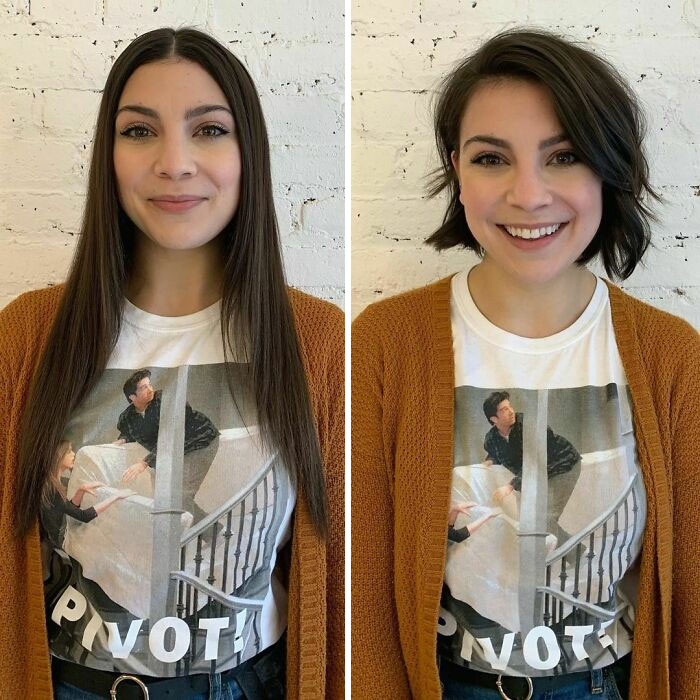 Chica antes y después de cortar su cabello con ondas