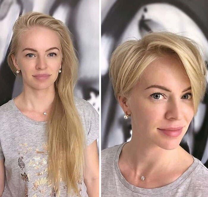 Chica antes y después de cortar su cabello estilo pixie