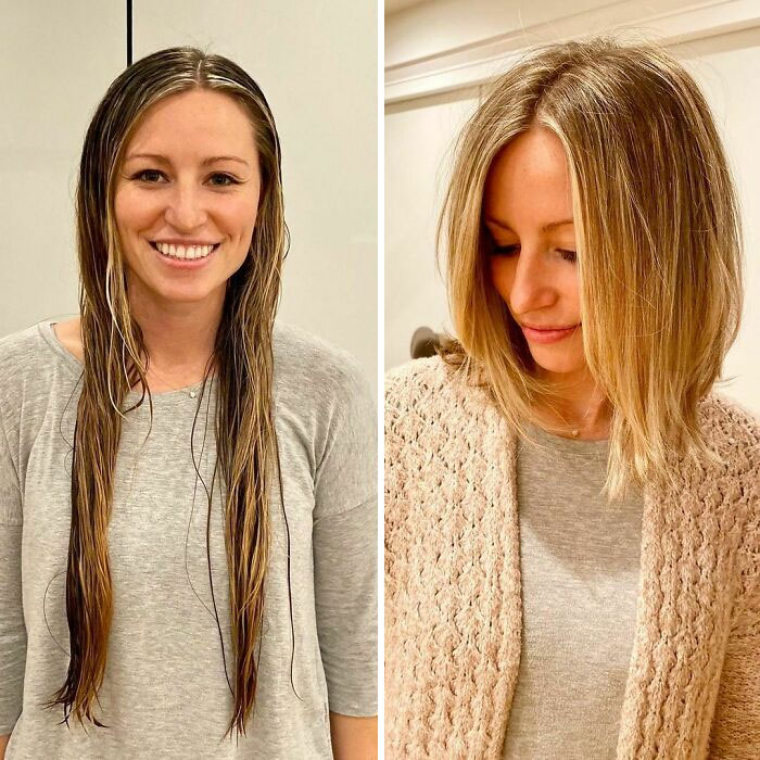 Chica antes y después de cortar su cabello en melena
