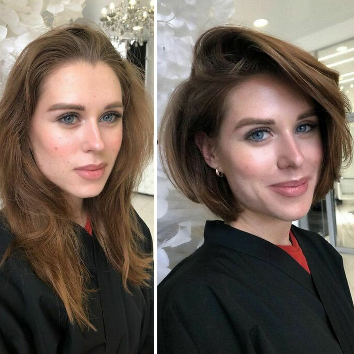 Chica antes y después de cortar su cabello en bob con flequillo
