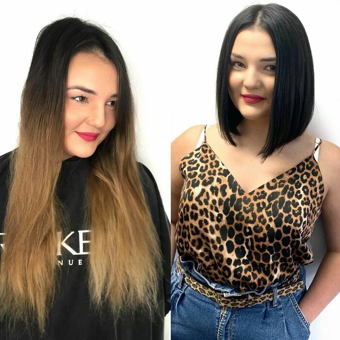 Chica antes y después de cortar su cabello en bob largo