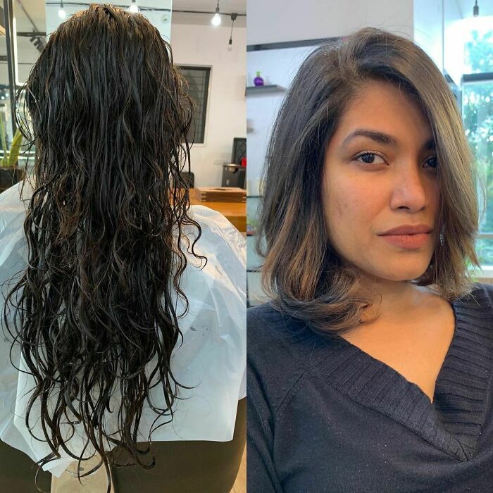 Chica antes y después de cortar su cabello con ondas hasta a barbilla