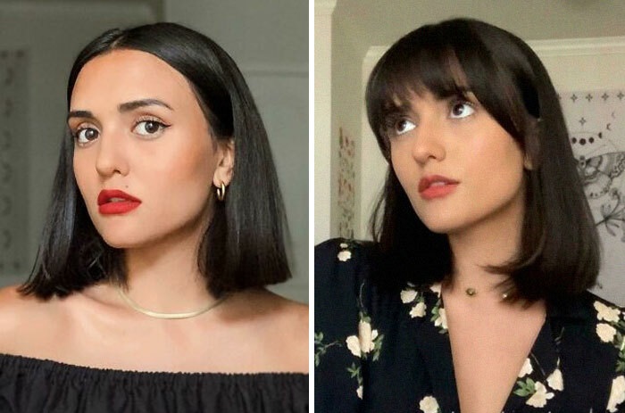 Chica antes y después de cortar su cabello con flequillo; con cabello negro y hasta los hombros