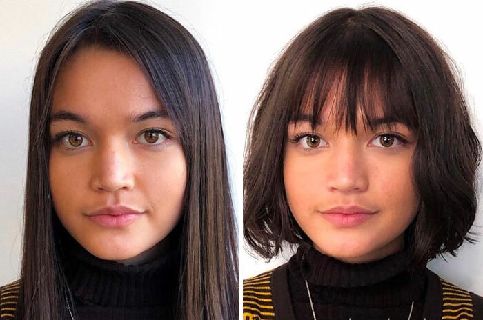 Chica antes y después de cortar su cabello con flequillo; con rostro redondo y mentón pronunciado