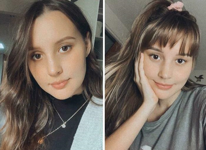 Chica antes y después de cortar su cabello con flequillo; cabello en color castaño dorado