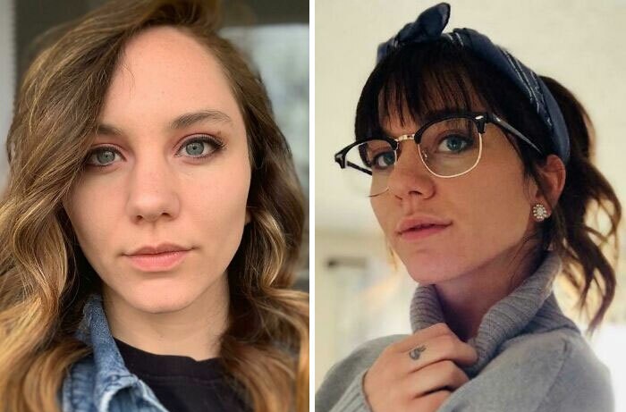 Chica antes y después de cortar su cabello con flequillo; peinado en coleta alta y suelto