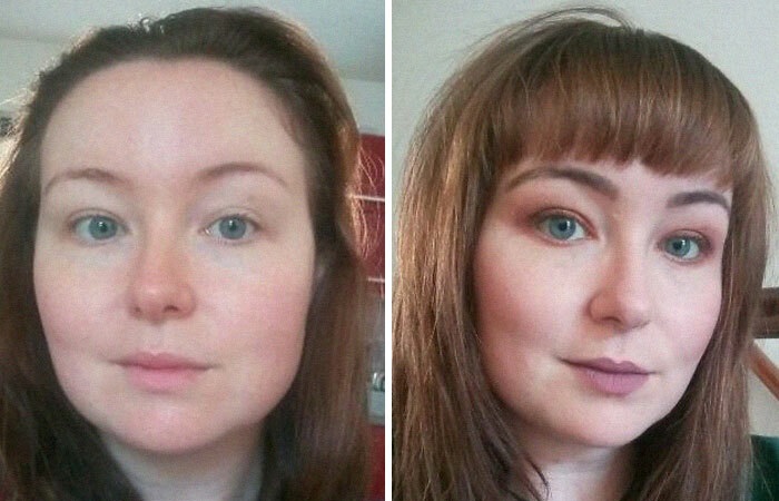 Chica antes y después de cortar su cabello con flequillo; corto y con mechas al frente