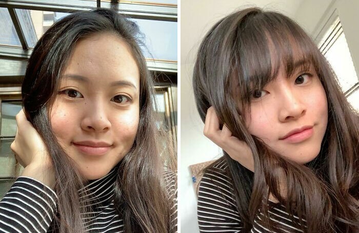 Chica antes y después de cortar su cabello con flequillo; con frente pronunciada y rostro ovalado