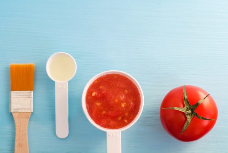 Tomate fresco y en puré dentro de un tazón de cerámica blanco