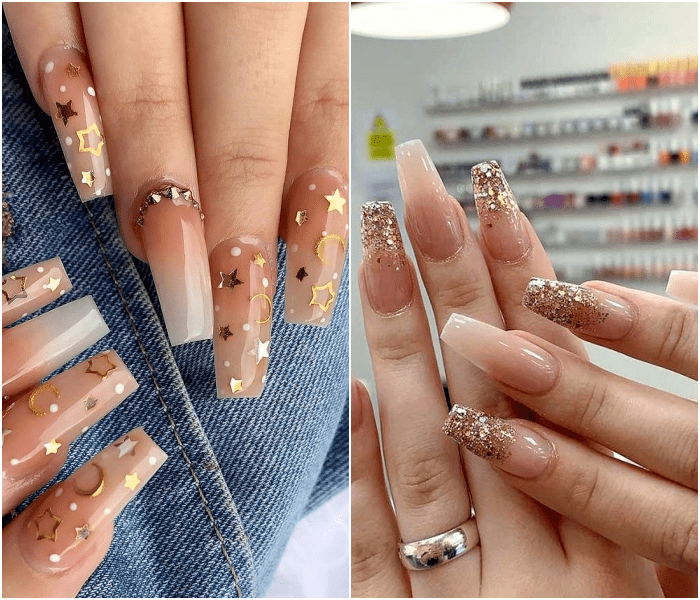 Uñas postizas, manicura en colores claros, transparentes con brillos, estrellas y glitter dorado
