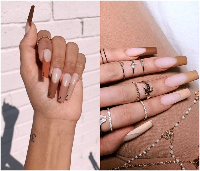 Uñas postizas, manicura color café estilo francés 