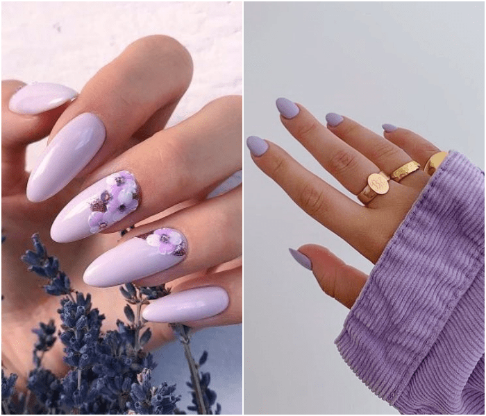Manicura, uñas postizas color lila lavanda con diseño de flores