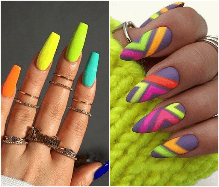 Uñas postizas, manicura en colores azul, naranja, verde, amarillo neón