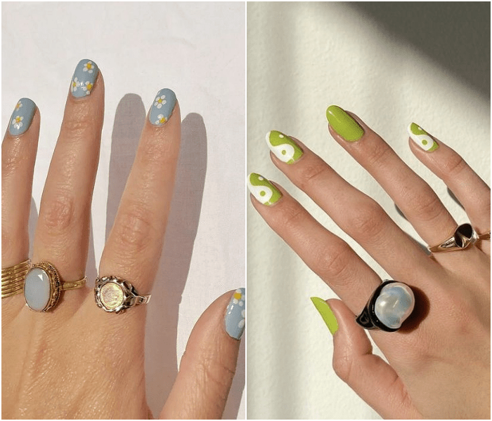 manicura, uñas postizas en color verde claro con diseño simple, minimalista
