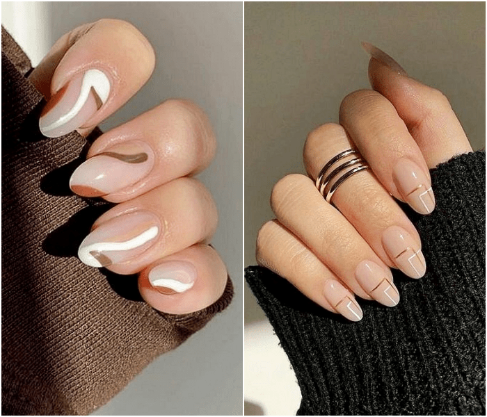 uñas, manicura, postizas con un diseño neutral sencillo en colores pastel gris, blanco, café y beige